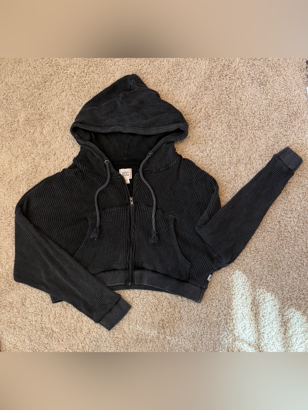 BDG Black Cropped Waffle-Knit Zip Hoodie